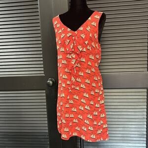 Postella Anthropologie 100% Silk Nautical Ship Print Red Ruffle Dress, Size S